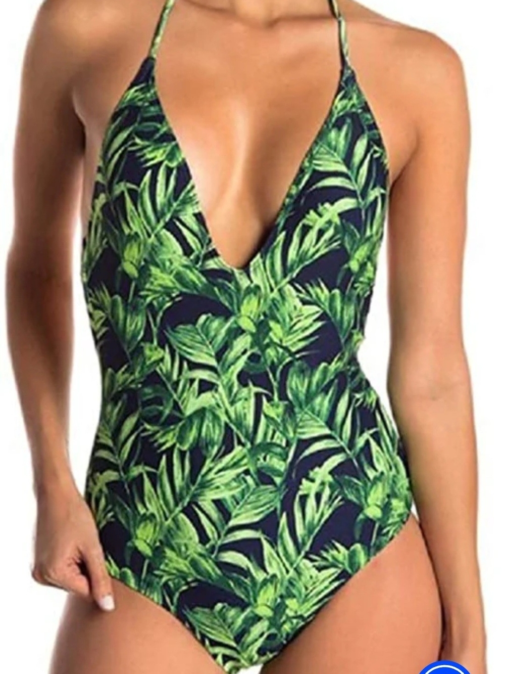 Onia Nina One Piece Swimsuit "Palm Forest Navy" Green Leaf Size S